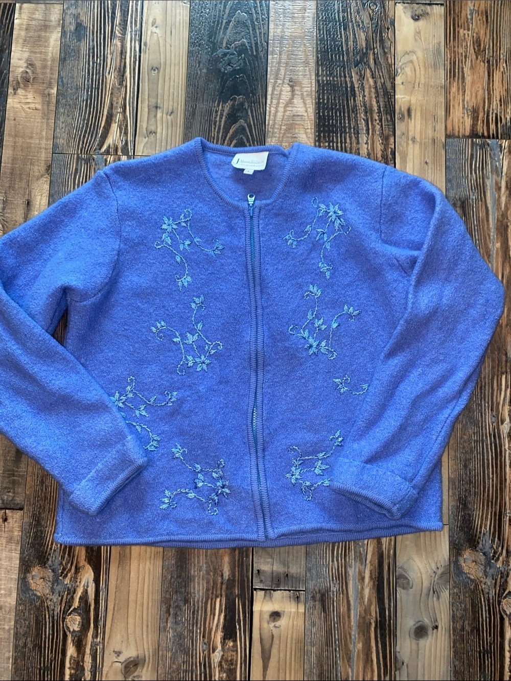 Vintage Wool Floral Embroidered Zip-Front Cardigan Sweater